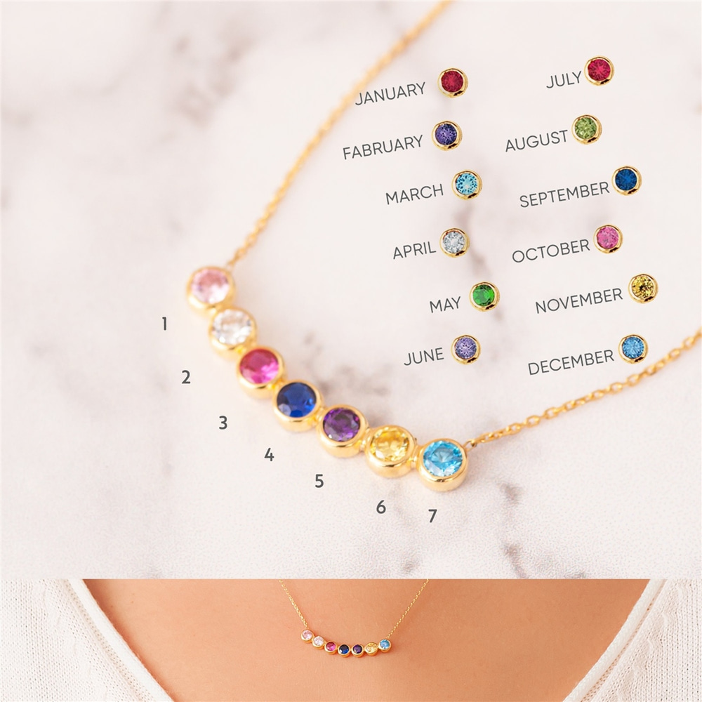 Goldstore-14k Real Gold Curved Cz Family Birthstone Necklace, Custom Birthstone Mother's Necklace, Celestial Bespoke Multi Birthstone Grandma Necklace