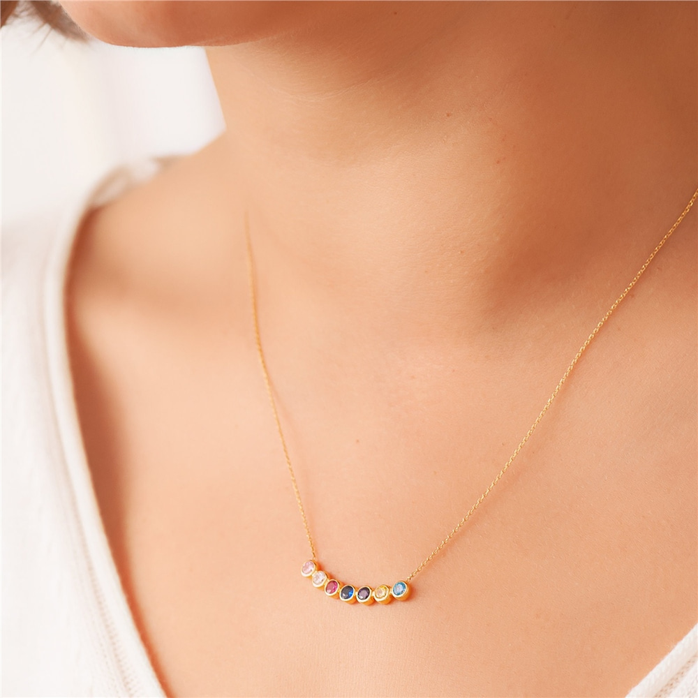 Goldstore-14k Real Gold Curved Cz Family Birthstone Necklace, Custom Birthstone Mother's Necklace, Celestial Bespoke Multi Birthstone Grandma Necklace