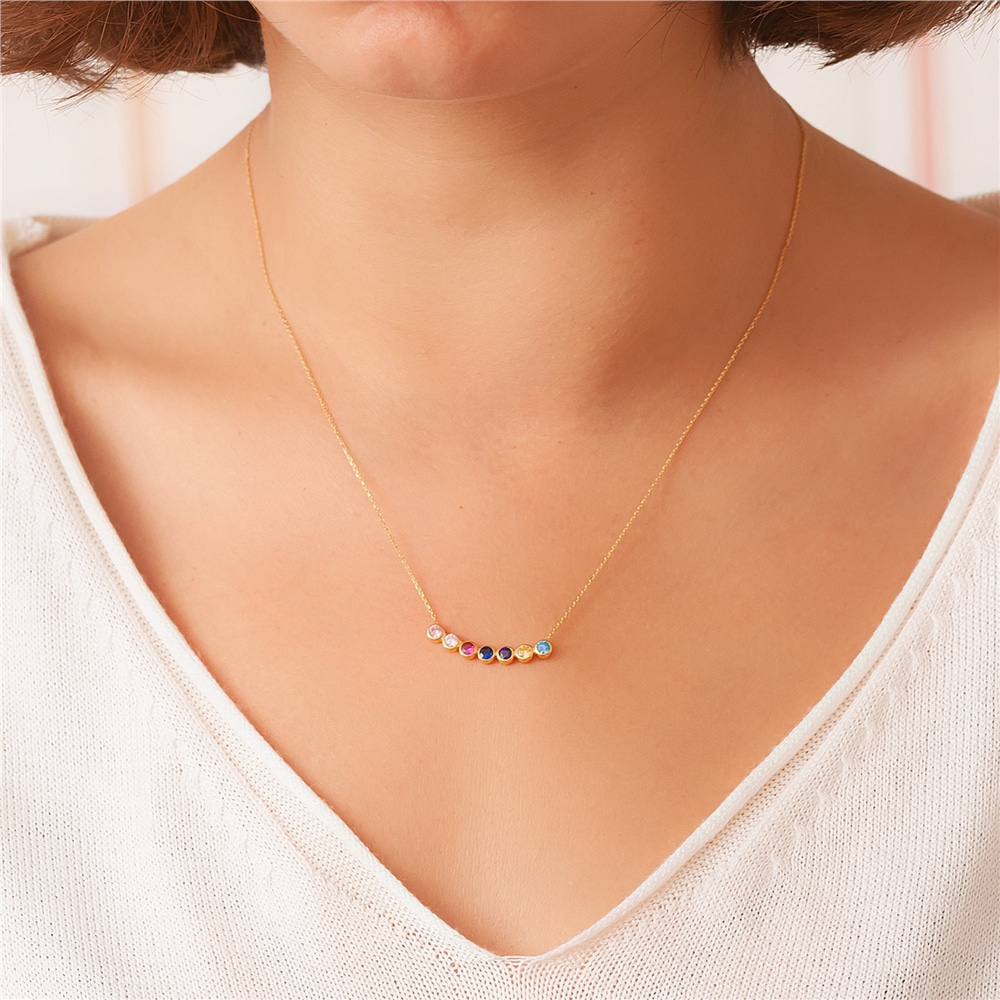 Goldstore-14k Real Gold Curved Cz Family Birthstone Necklace, Custom Birthstone Mother's Necklace, Celestial Bespoke Multi Birthstone Grandma Necklace