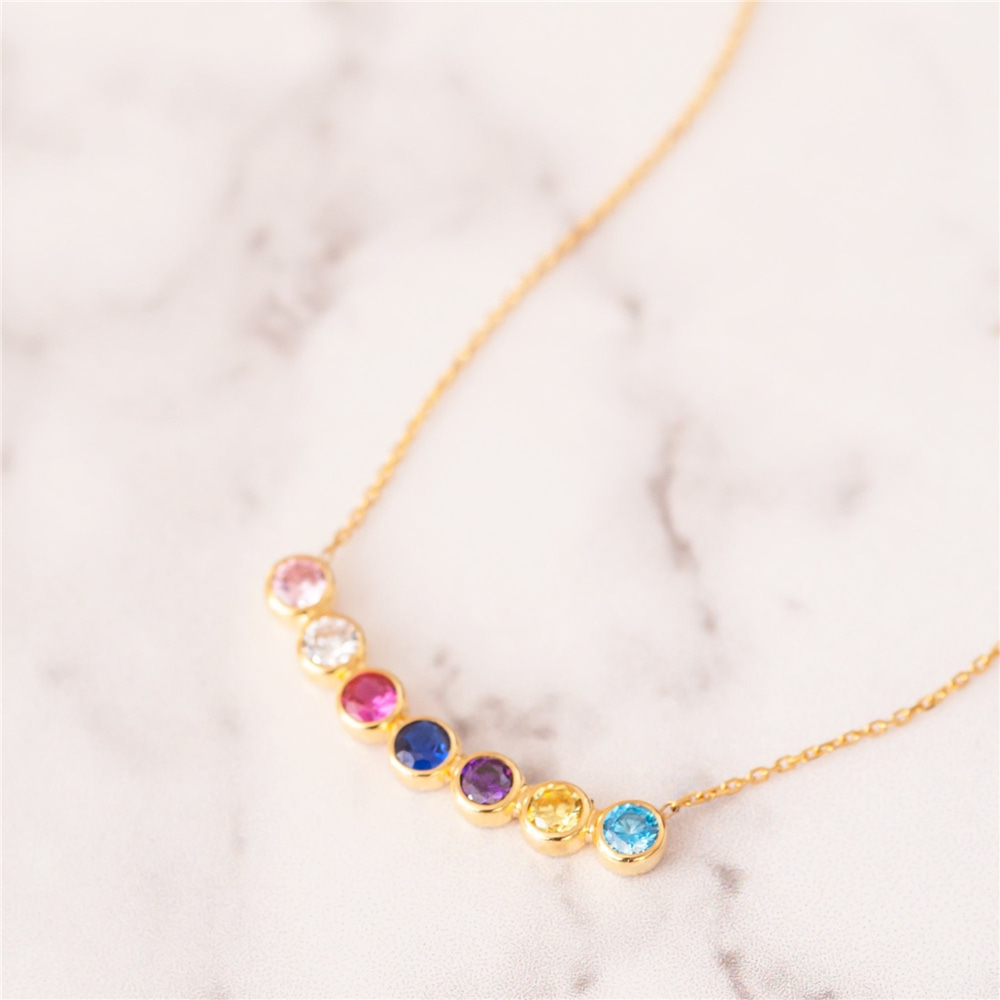 Goldstore-14k Real Gold Curved Cz Family Birthstone Necklace, Custom Birthstone Mother's Necklace, Celestial Bespoke Multi Birthstone Grandma Necklace