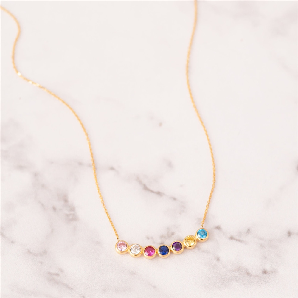Goldstore-14k Real Gold Curved Cz Family Birthstone Necklace, Custom Birthstone Mother's Necklace, Celestial Bespoke Multi Birthstone Grandma Necklace