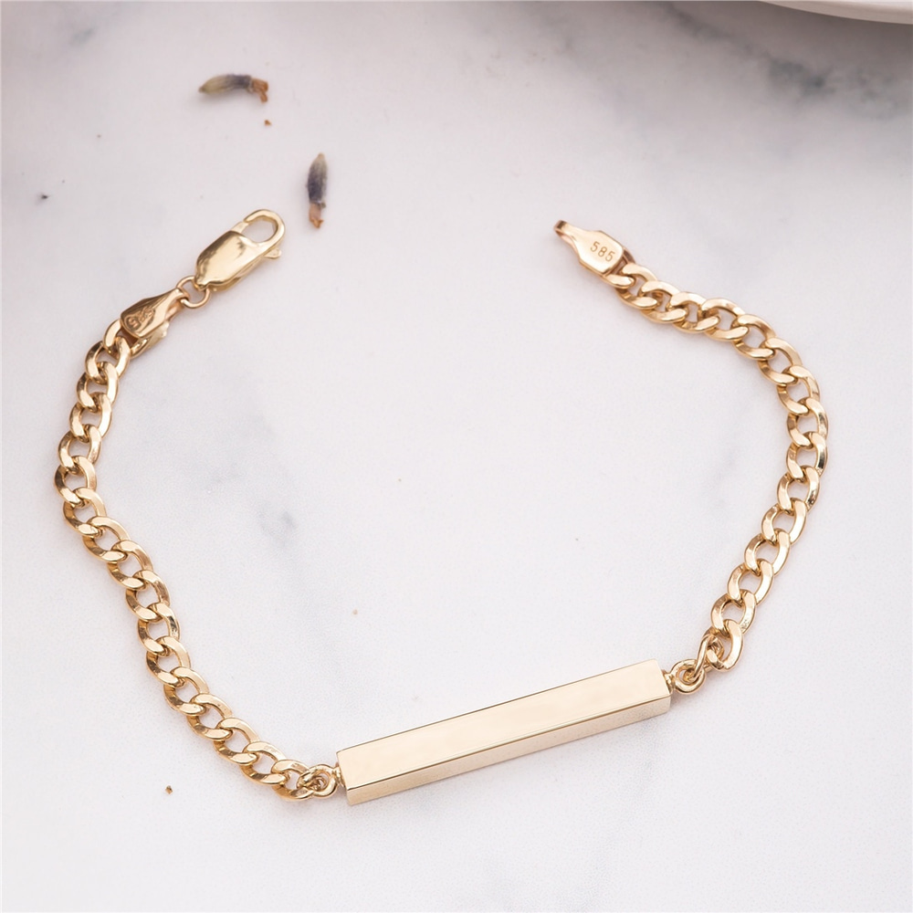 Goldstore-14K Real Gold Custom Cuban Chain Cremation Urn Bar Bracelet, Cuban Curb Link Chain Memorial 3D Bracelet, Custom Engrave Funeral Bracelet