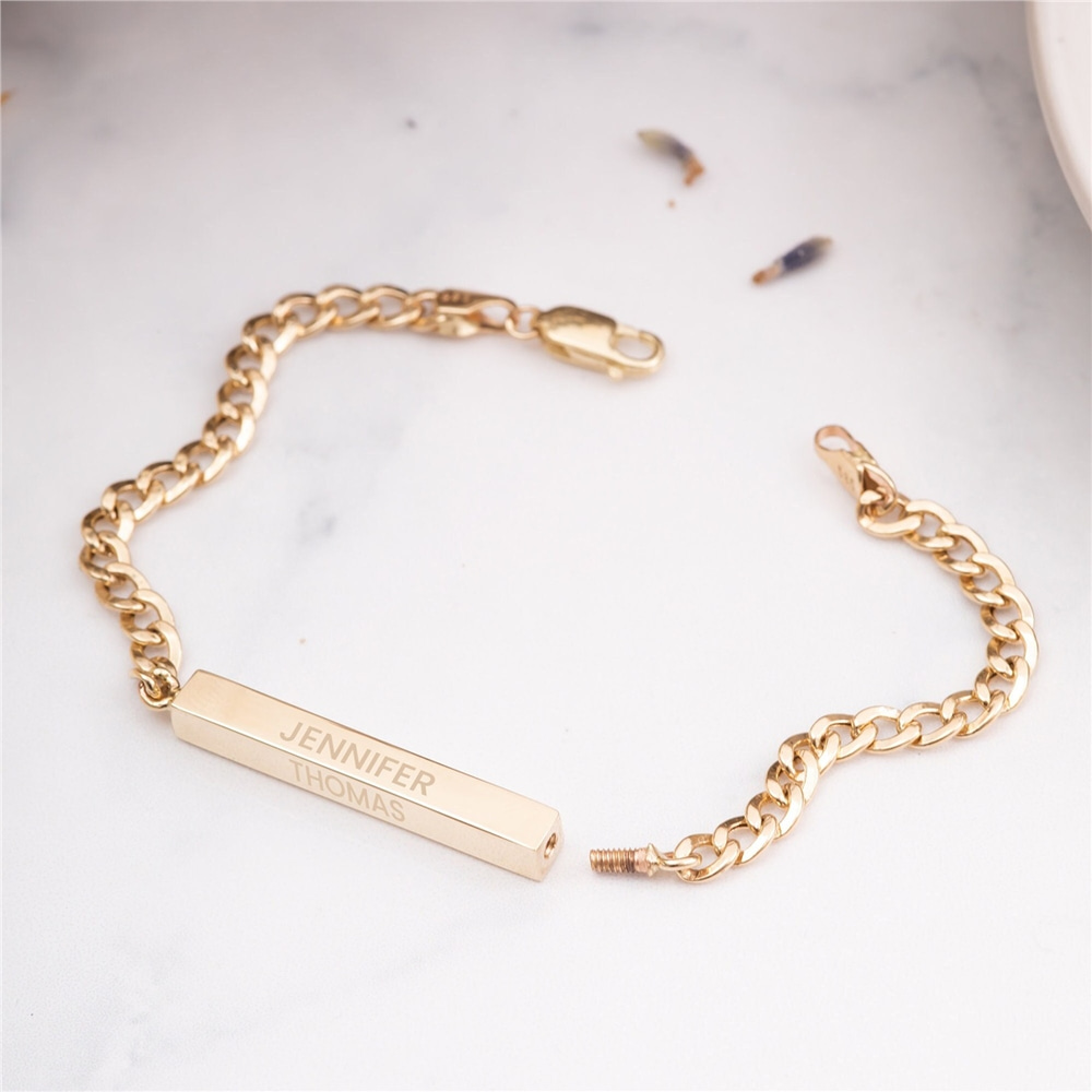 Goldstore-14K Real Gold Custom Cuban Chain Cremation Urn Bar Bracelet, Cuban Curb Link Chain Memorial 3D Bracelet, Custom Engrave Funeral Bracelet