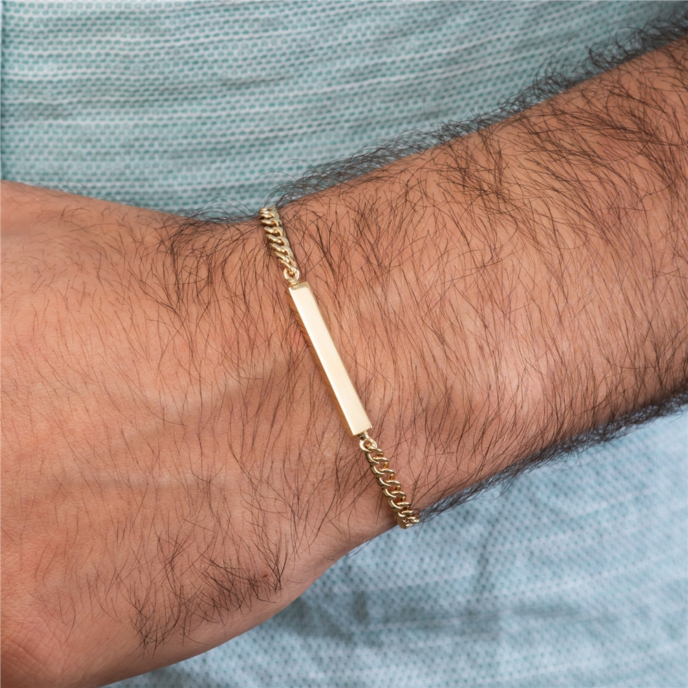 Goldstore-14K Real Gold Custom Cuban Chain Cremation Urn Bar Bracelet, Cuban Curb Link Chain Memorial 3D Bracelet, Custom Engrave Funeral Bracelet