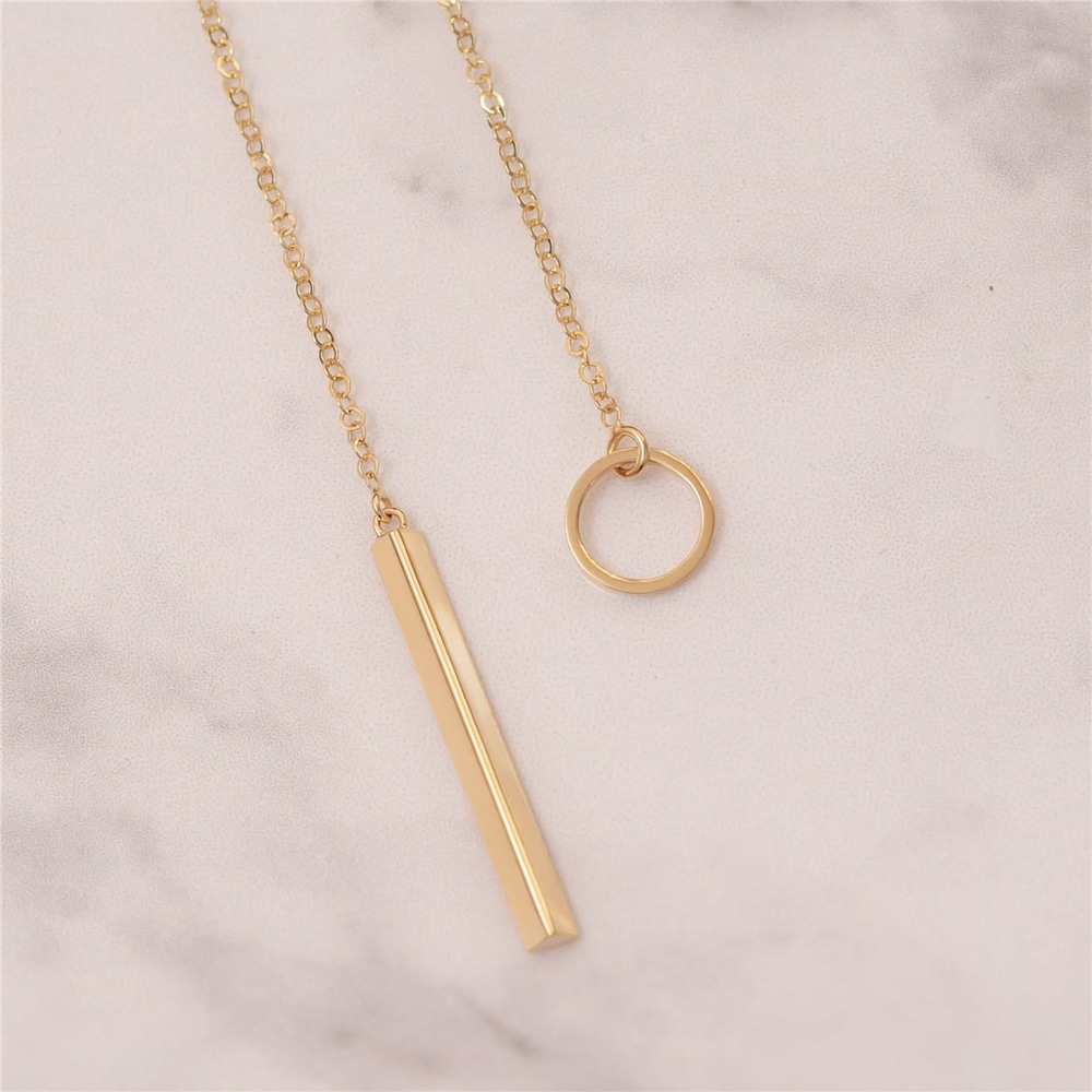 Goldstore-14k Real Gold Custom Engrave Triangle Bar Lariat Necklace, Karma Vertical Bar Personalized Gold Necklace, Engrave Name Long Bar Y Necklace.
