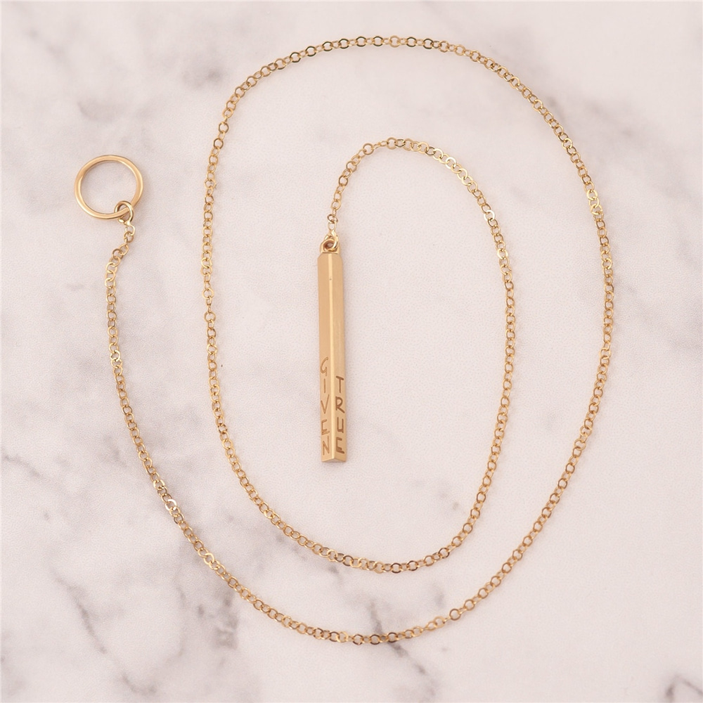 Goldstore-14k Real Gold Custom Engrave Triangle Bar Lariat Necklace, Karma Vertical Bar Personalized Gold Necklace, Engrave Name Long Bar Y Necklace.
