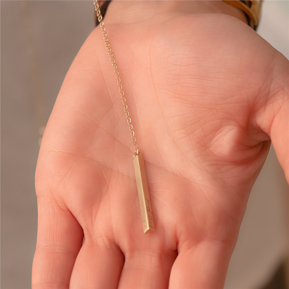 Goldstore-14k Real Gold Custom Engrave Triangle Bar Lariat Necklace, Karma Vertical Bar Personalized Gold Necklace, Engrave Name Long Bar Y Necklace.