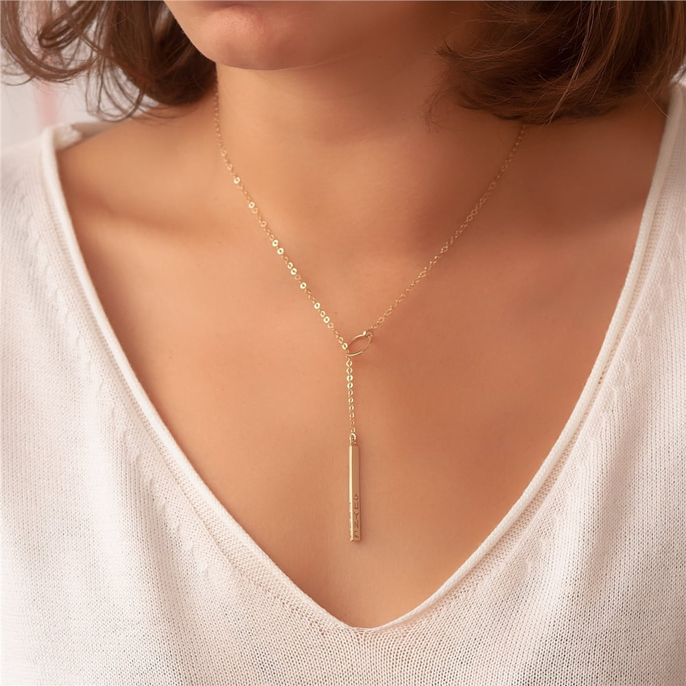 Goldstore-14k Real Gold Custom Engrave Triangle Bar Lariat Necklace, Karma Vertical Bar Personalized Gold Necklace, Engrave Name Long Bar Y Necklace.