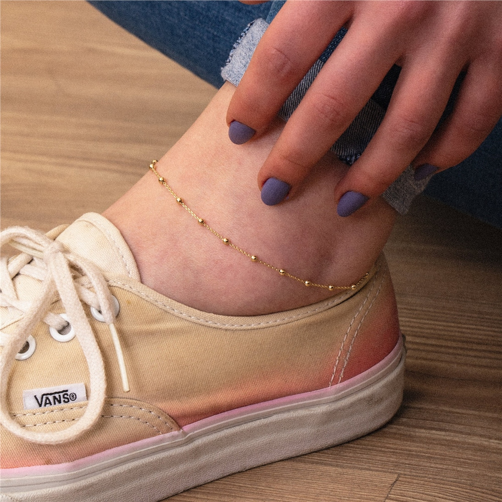 Goldstore-14K Real Gold Satellite Chain Anklet, Summer Beach Jewelry, Dainty Minimalist Beaded Ball Chain Anklet, Elegant Ankle Bracelet, Gift For Her