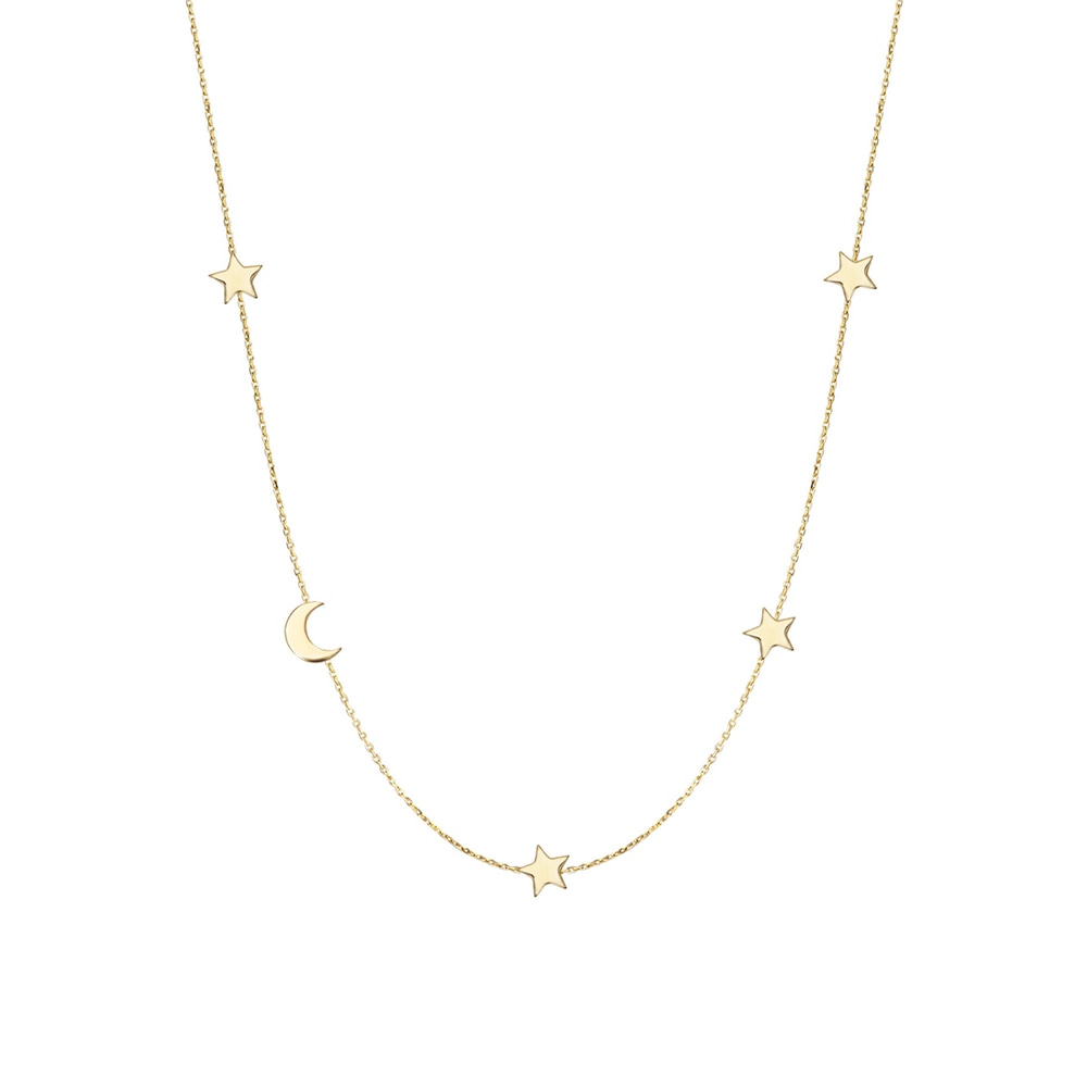 Goldstore-14k Real Gold Sideways Moon Star Necklace, Moon Multiple Star Sideways Tiny Necklace, Personalized 2 3 Star Crescent Moon Necklace Gift For