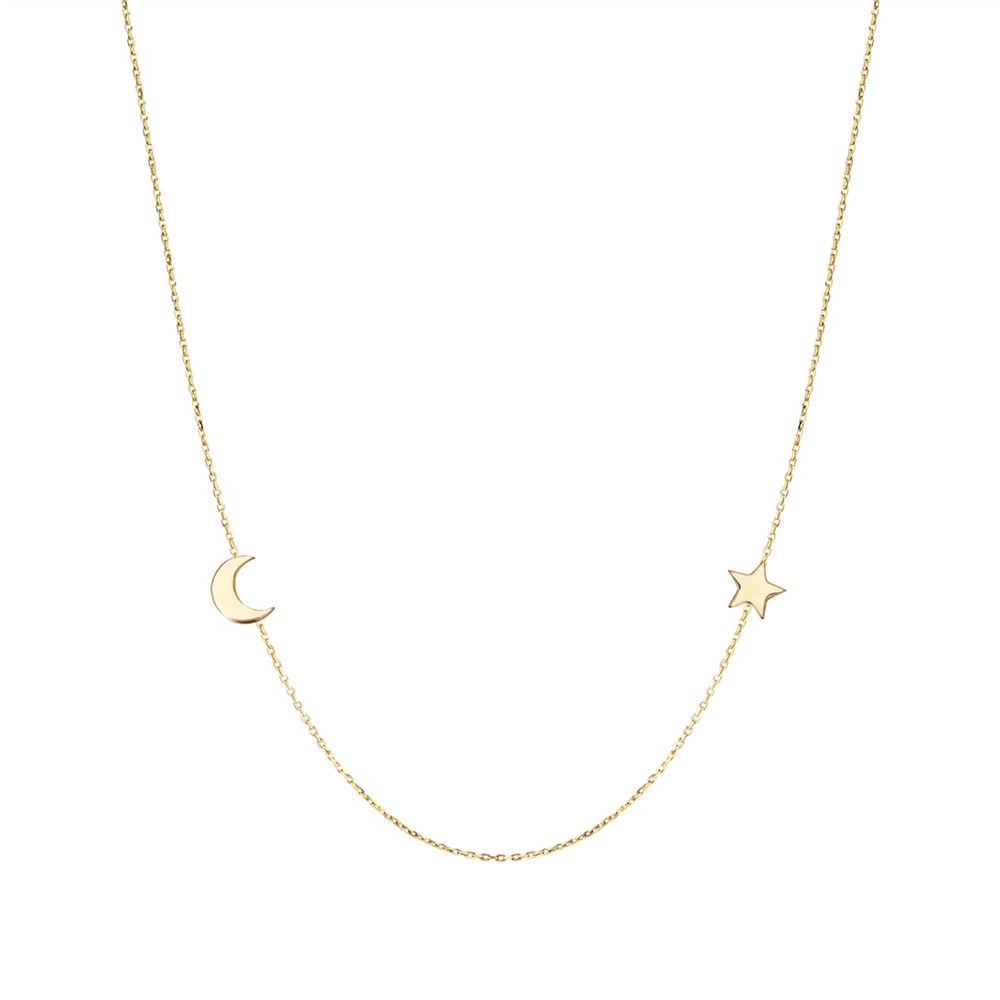 Goldstore-14k Real Gold Sideways Moon Star Necklace, Moon Multiple Star Sideways Tiny Necklace, Personalized 2 3 Star Crescent Moon Necklace Gift For