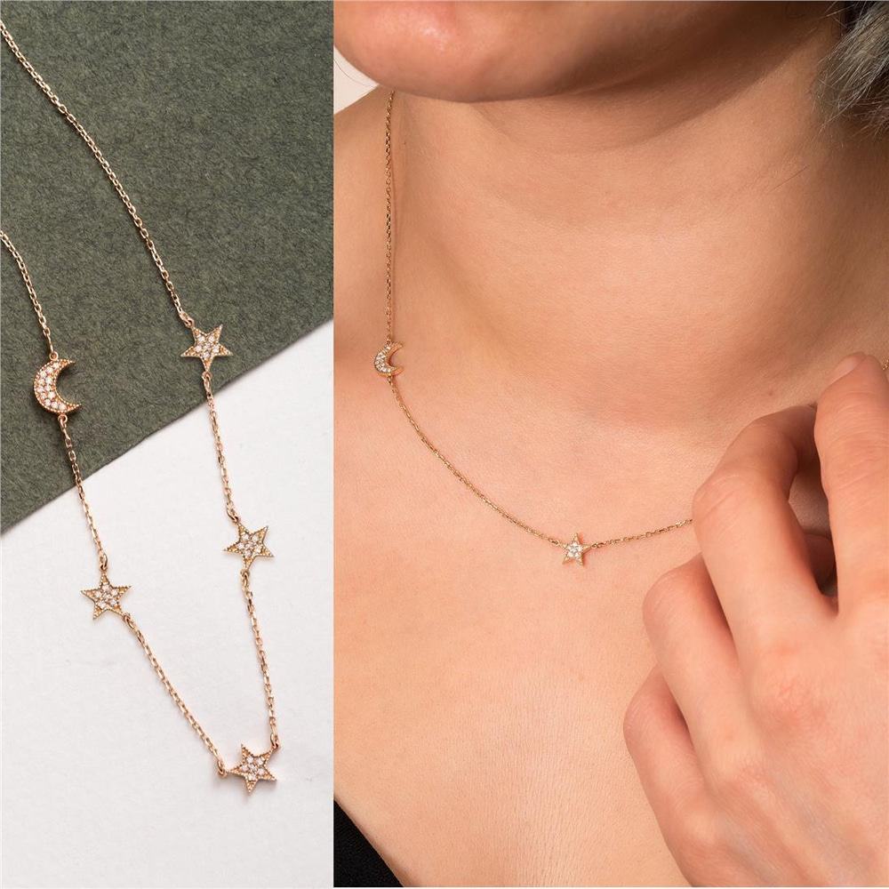 Goldstore-14k Real Gold Sideways Moon Star Pave Diamond Necklace, Moon & Stars Sideways Tiny Necklace, Personalized 2 3 Star Crescent Moon Necklace