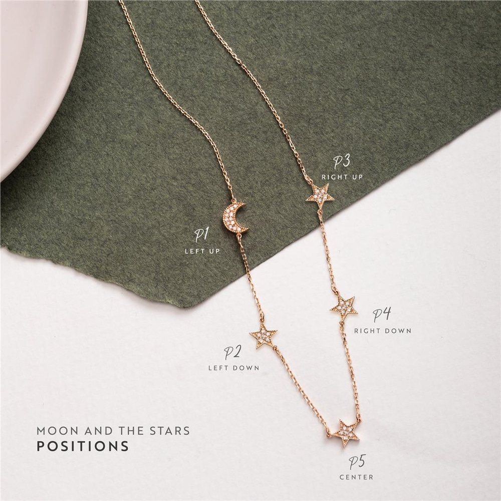 Goldstore-14k Real Gold Sideways Moon Star Pave Diamond Necklace, Moon & Stars Sideways Tiny Necklace, Personalized 2 3 Star Crescent Moon Necklace