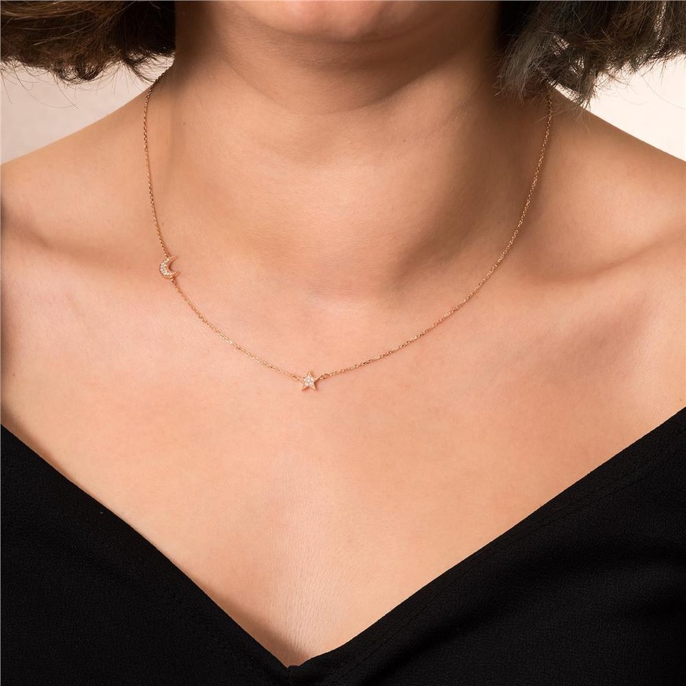 Goldstore-14k Real Gold Sideways Moon Star Pave Diamond Necklace, Moon & Stars Sideways Tiny Necklace, Personalized 2 3 Star Crescent Moon Necklace