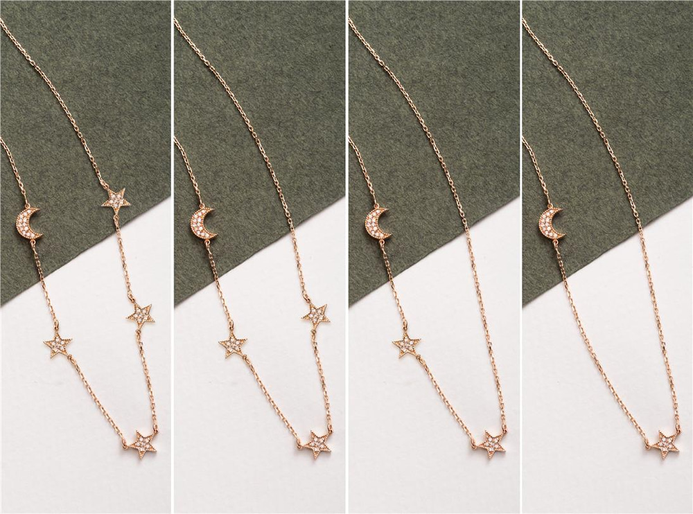 Goldstore-14k Real Gold Sideways Moon Star Pave Diamond Necklace, Moon & Stars Sideways Tiny Necklace, Personalized 2 3 Star Crescent Moon Necklace