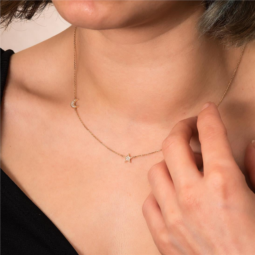 Goldstore-14k Real Gold Sideways Moon Star Pave Diamond Necklace, Moon & Stars Sideways Tiny Necklace, Personalized 2 3 Star Crescent Moon Necklace