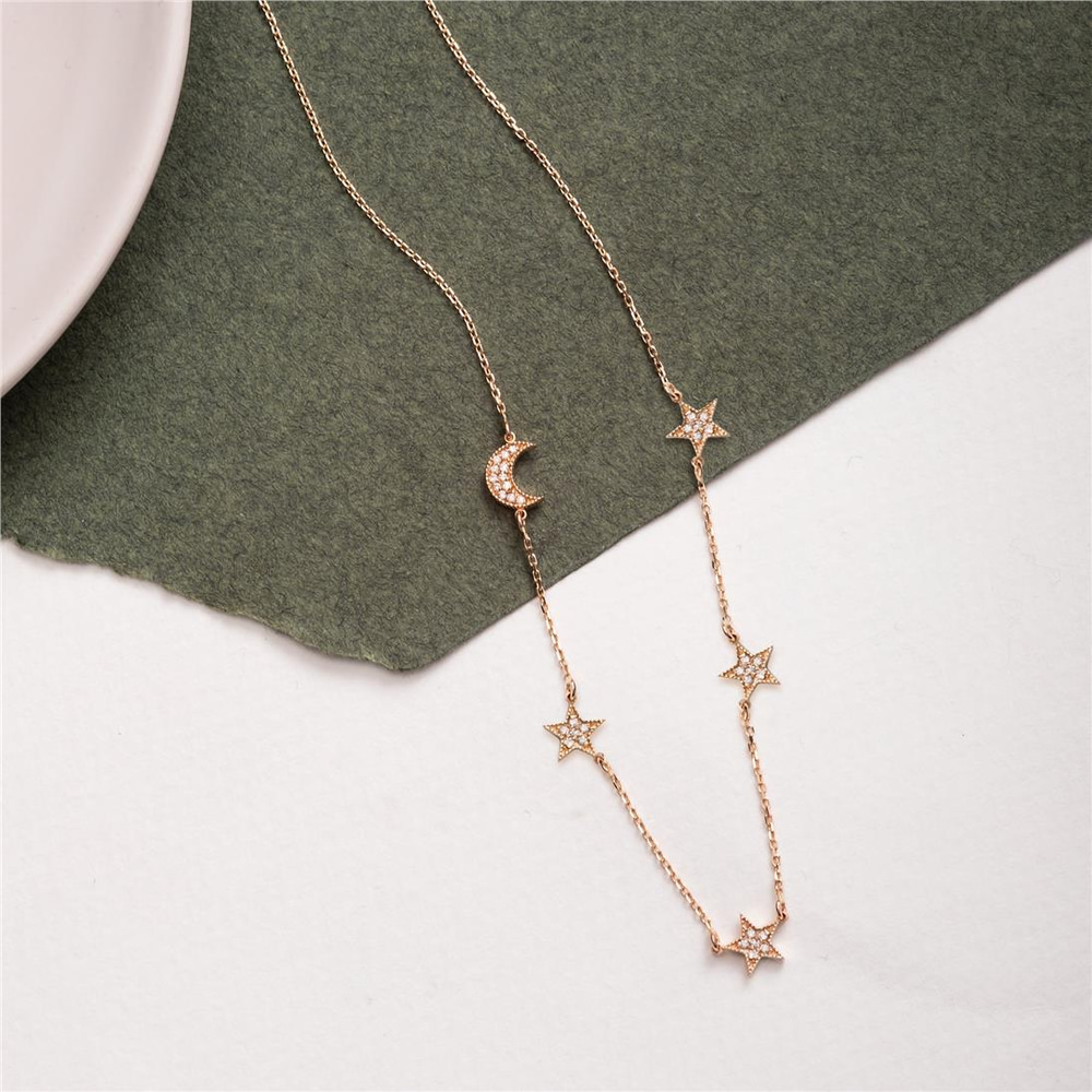 Goldstore-14k Real Gold Sideways Moon Star Pave Diamond Necklace, Moon & Stars Sideways Tiny Necklace, Personalized 2 3 Star Crescent Moon Necklace