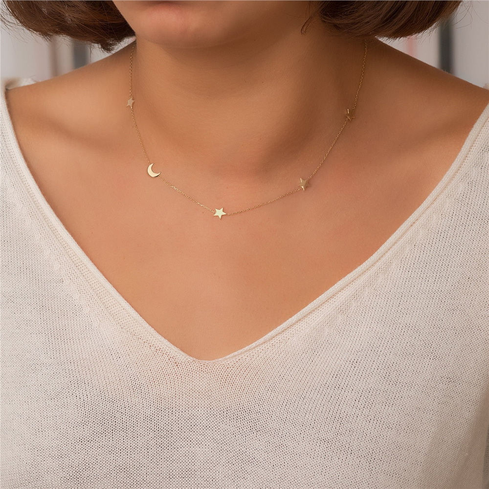 Goldstore-14k Real Gold Sideways Moon Star Necklace, Moon Multiple Star Sideways Tiny Necklace, Personalized 2 3 Star Crescent Moon Necklace Gift For