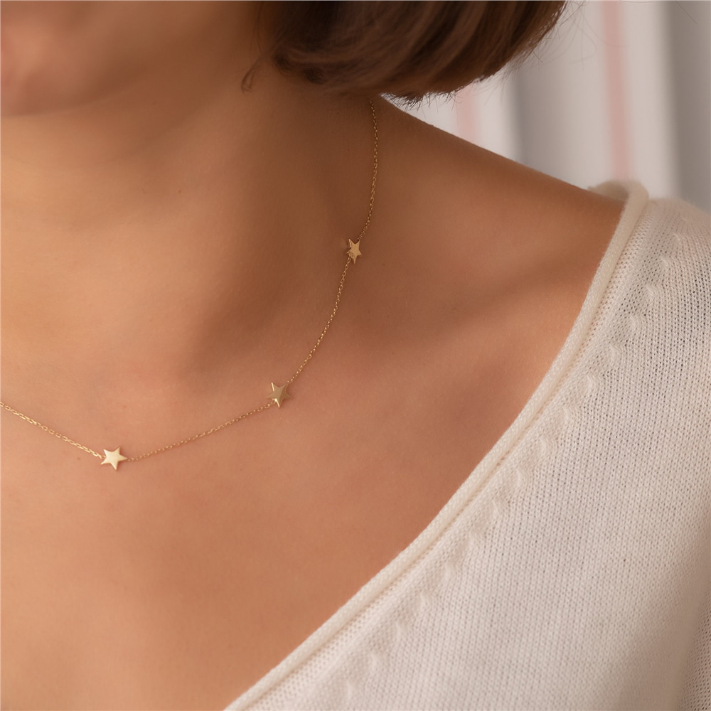 Goldstore-14k Real Gold Sideways Moon Star Necklace, Moon Multiple Star Sideways Tiny Necklace, Personalized 2 3 Star Crescent Moon Necklace Gift For