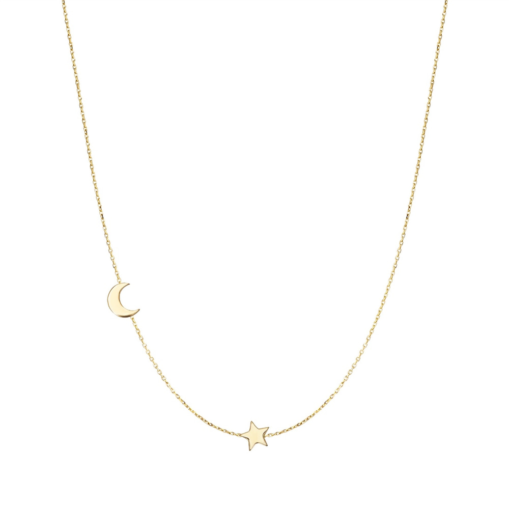 Goldstore-14k Real Gold Sideways Moon Star Necklace, Moon Multiple Star Sideways Tiny Necklace, Personalized 2 3 Star Crescent Moon Necklace Gift For