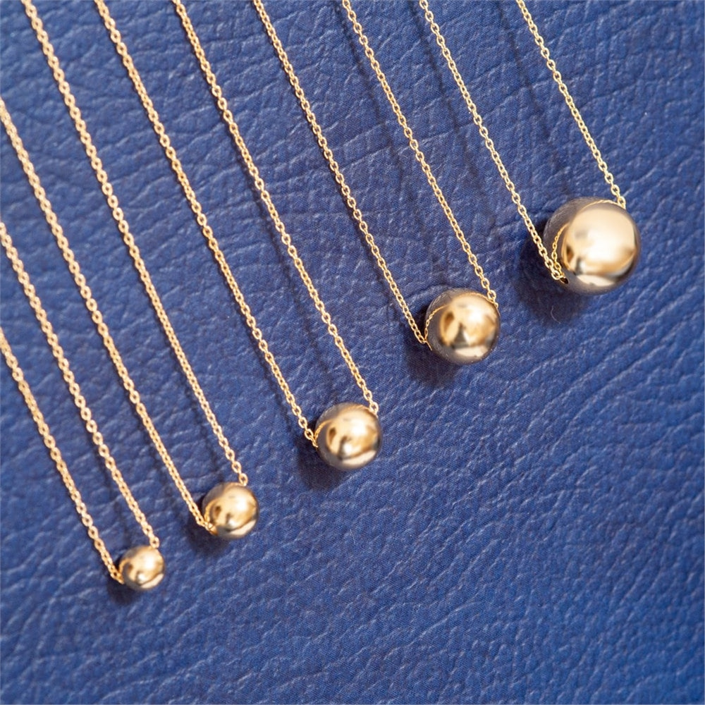 Goldstore-14K Real Gold Simple Ball Necklace, Floating Yellow solid Gold Ball Necklace, Large Dainty Solid 14k Gold Hollow Ball Necklace, Gift for Her