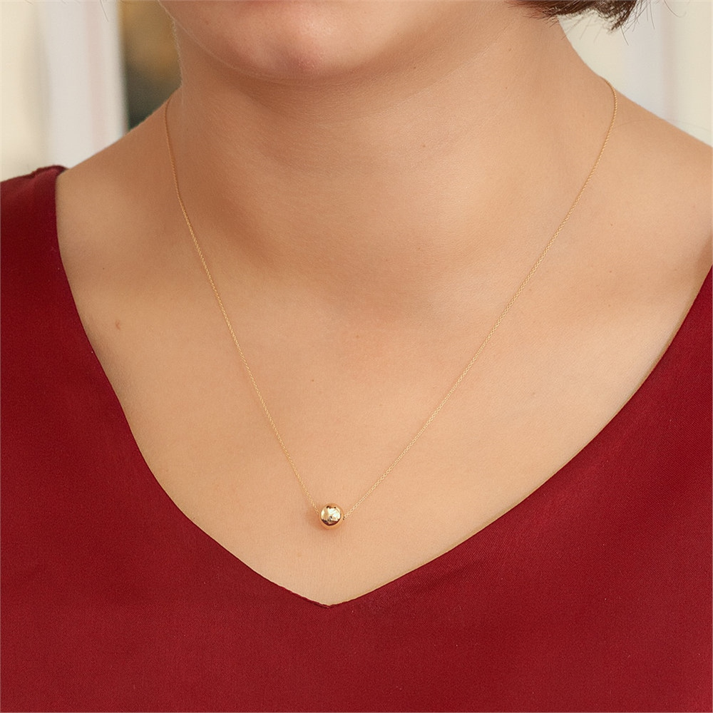 Goldstore-14K Real Gold Simple Ball Necklace, Floating Yellow solid Gold Ball Necklace, Large Dainty Solid 14k Gold Hollow Ball Necklace, Gift for Her