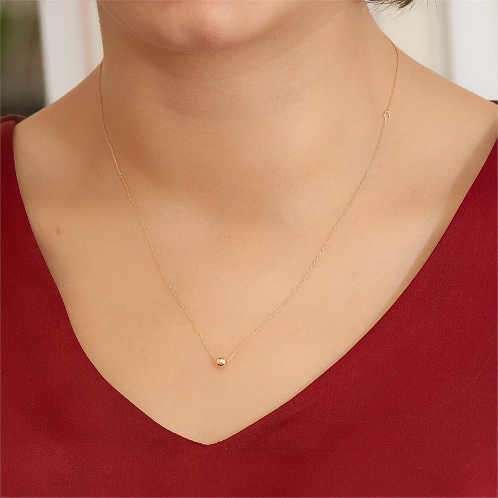 Goldstore-14K Real Gold Simple Ball Necklace, Floating Yellow solid Gold Ball Necklace, Large Dainty Solid 14k Gold Hollow Ball Necklace, Gift for Her