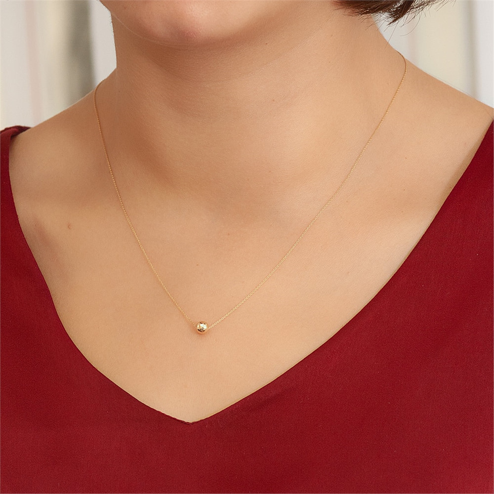 Goldstore-14K Real Gold Simple Ball Necklace, Floating Yellow solid Gold Ball Necklace, Large Dainty Solid 14k Gold Hollow Ball Necklace, Gift for Her