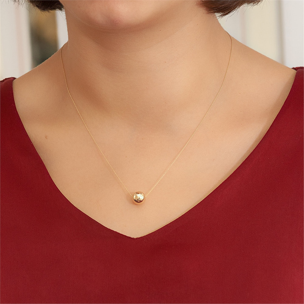Goldstore-14K Real Gold Simple Ball Necklace, Floating Yellow solid Gold Ball Necklace, Large Dainty Solid 14k Gold Hollow Ball Necklace, Gift for Her
