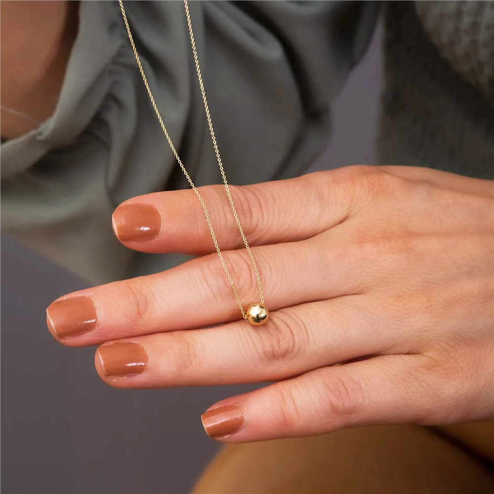 Goldstore-14K Real Gold Sparkle Ball Necklace, Minimalist Gold Ball Charm Necklace, Yellow Gold Bead Ball Choker Necklace, Tiny Sphere Daily Necklace