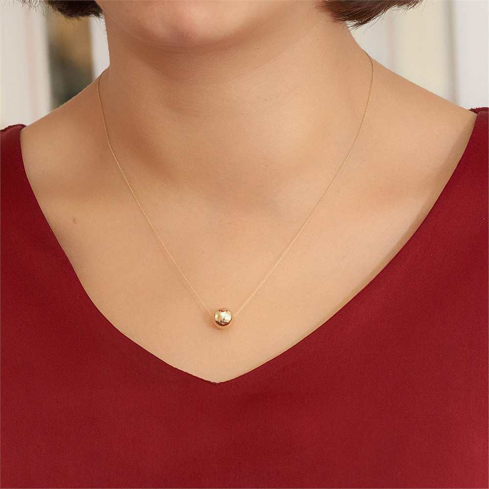 Goldstore-14K Real Gold Sparkle Ball Necklace, Minimalist Gold Ball Charm Necklace, Yellow Gold Bead Ball Choker Necklace, Tiny Sphere Daily Necklace