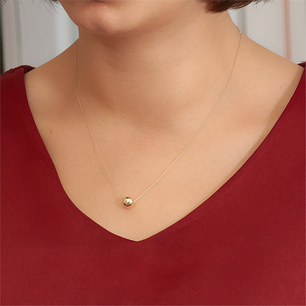 Goldstore-14K Real Gold Sparkle Ball Necklace, Minimalist Gold Ball Charm Necklace, Yellow Gold Bead Ball Choker Necklace, Tiny Sphere Daily Necklace