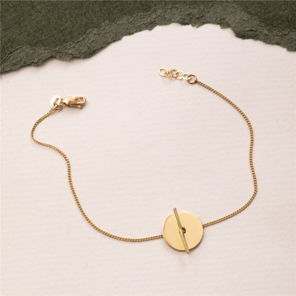 Goldstore-14K Real Solid Gold Personalized Disc and Bar Bracelet, Custom Name Date Engraved Disc Gold Bracelet, Disk Tag Bracelet Gift for Mom For Her