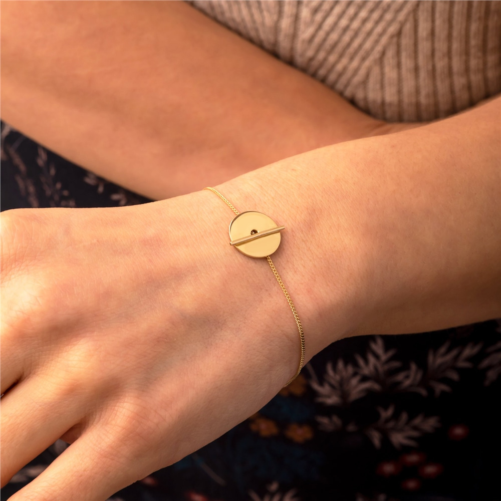Goldstore-14K Real Solid Gold Personalized Disc and Bar Bracelet, Custom Name Date Engraved Disc Gold Bracelet, Disk Tag Bracelet Gift for Mom For Her