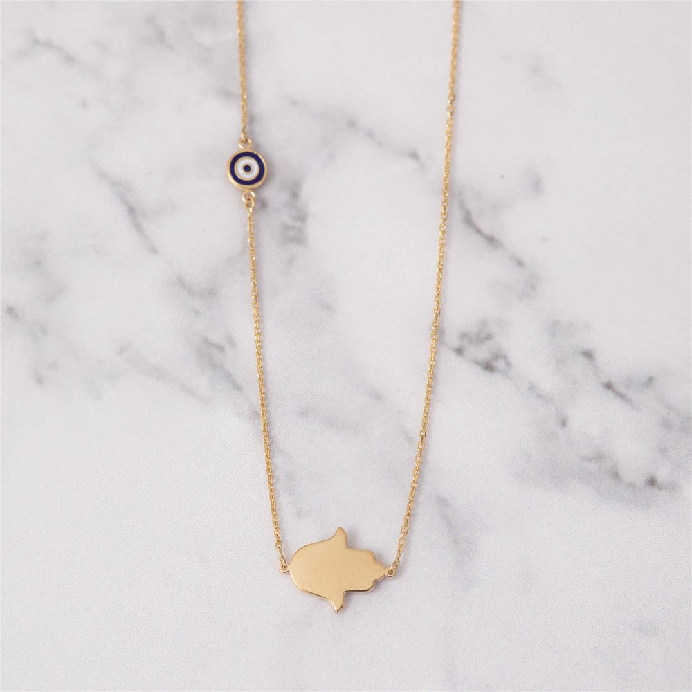 Goldstore-14K Sideways Hamsa Evil Eye Necklace, 14k 18k Solid Gold Evil Eye Fatima Hand Necklace, Hand of Fatima Necklace Valentine's Gift.
