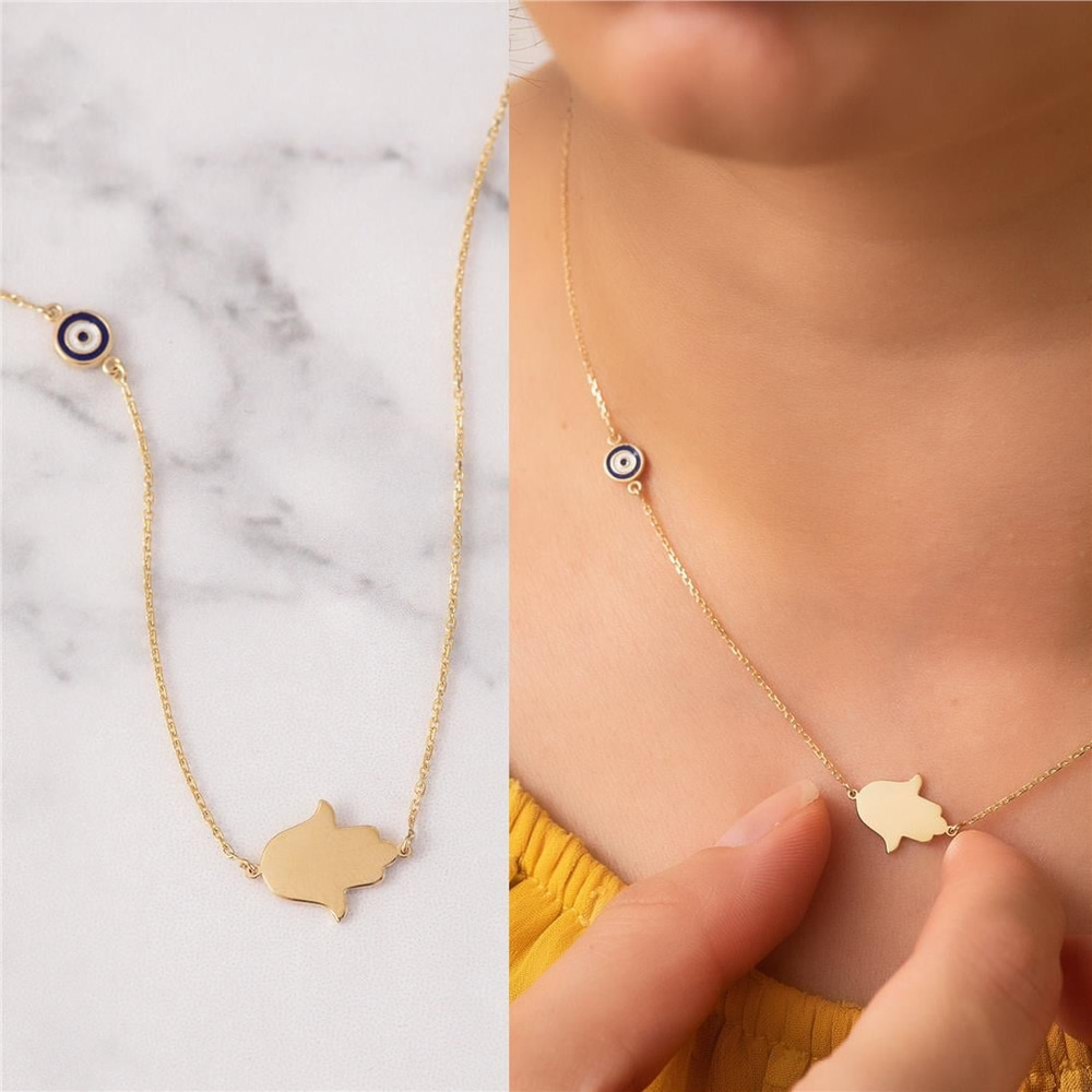 Goldstore-14K Sideways Hamsa Evil Eye Necklace, 14k 18k Solid Gold Evil Eye Fatima Hand Necklace, Hand of Fatima Necklace Valentine's Gift.