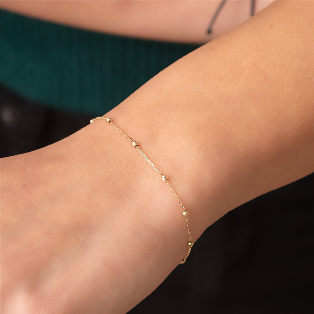 Goldstore-14k Solid Beaded Satellite Bracelet, Yellow 14k Real Gold Round Ball Dainty Bracelet is Great Gift For Her, Gift For Mom & Graduation Gift