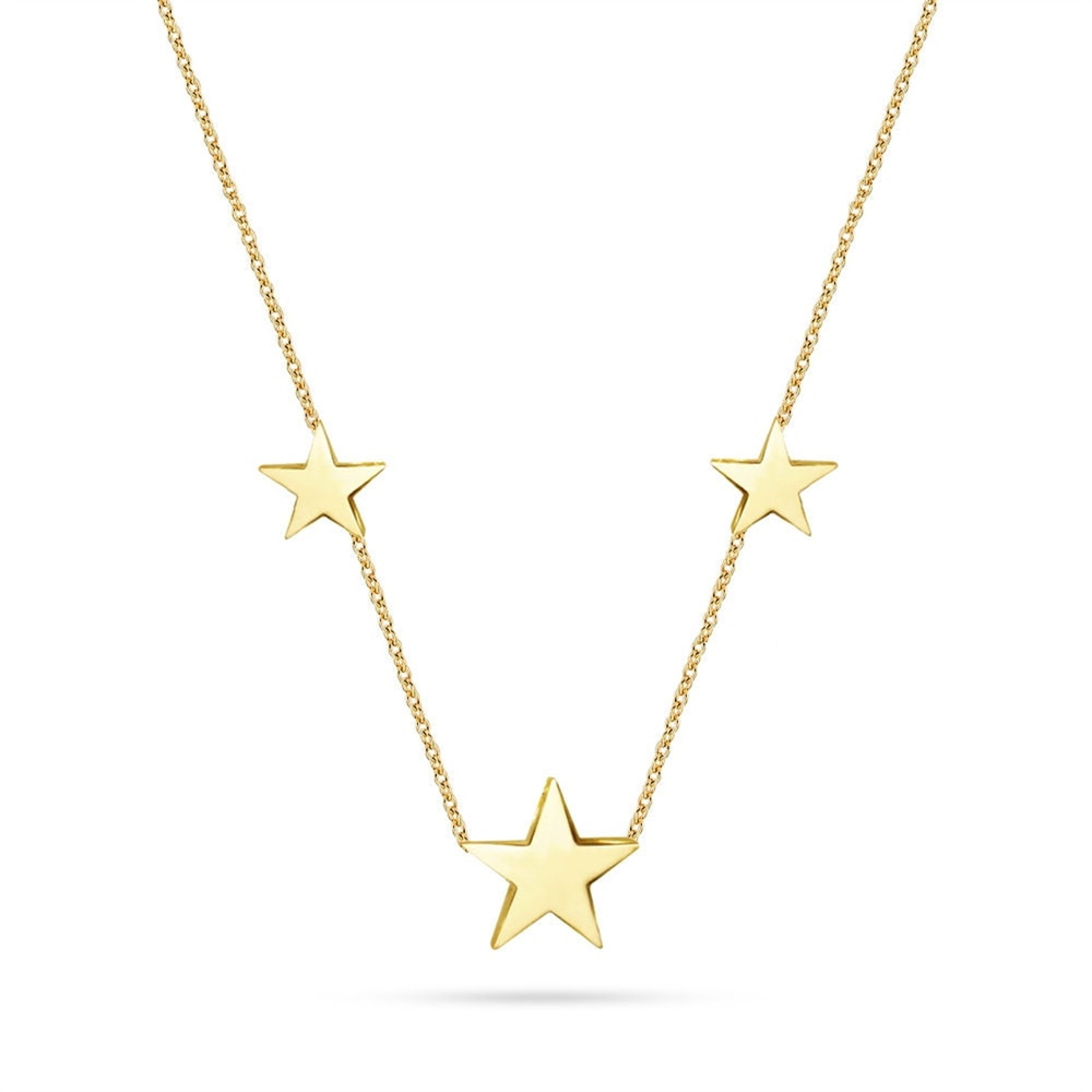 Goldstore-14K Solid Gold 1 Side Enamel Triple Butterfly Layered Necklace, Dainty Stars Gold Necklace is a Great Gift For Her. Enamel Hearts Necklace