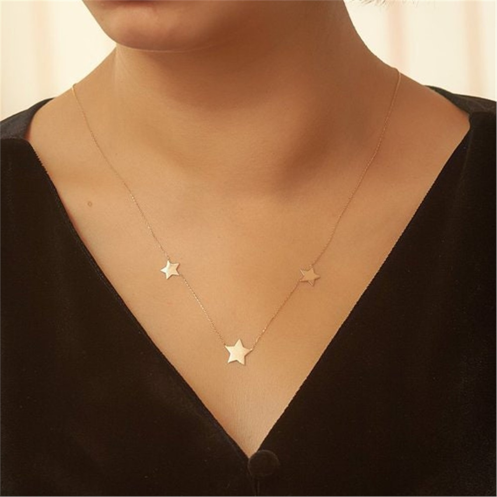 Goldstore-14K Solid Gold 1 Side Enamel Triple Butterfly Layered Necklace, Dainty Stars Gold Necklace is a Great Gift For Her. Enamel Hearts Necklace