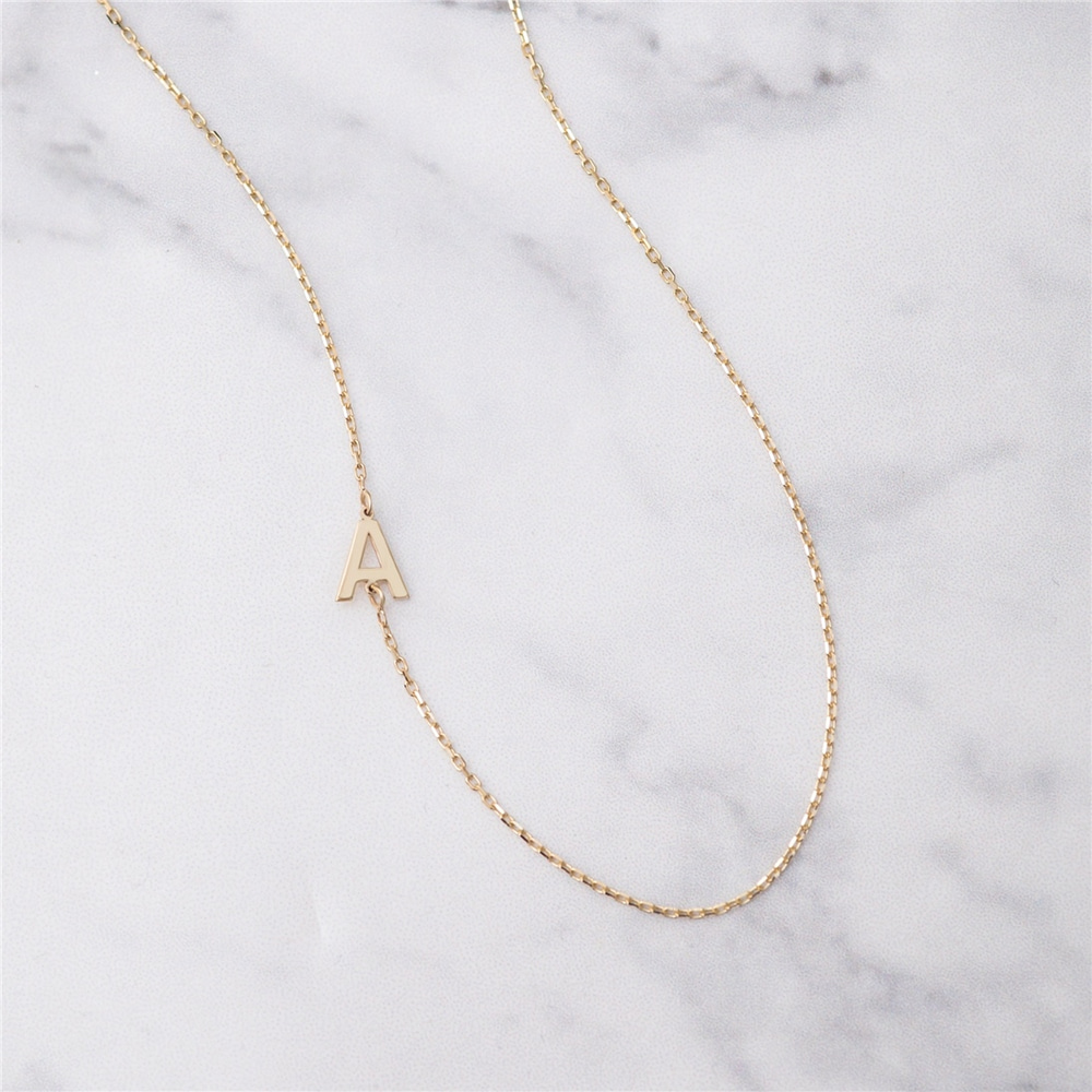Goldstore-14k Solid Gold 2 3 4 5 Letter Necklace, 14k Solid Gold Sideways Initial Necklace, Choker Personalized Sideways Initial Letter Gold Necklace