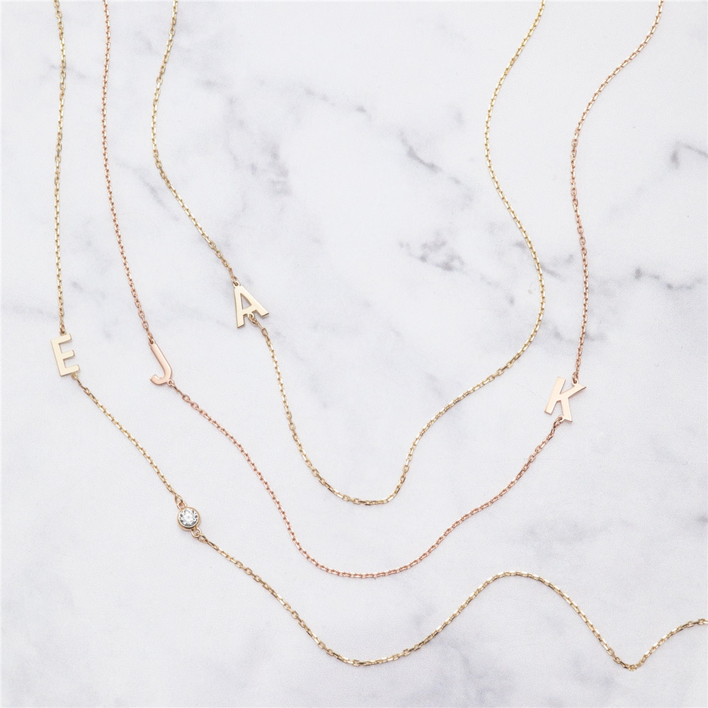 Goldstore-14k Solid Gold 2 3 4 5 Letter Necklace, 14k Solid Gold Sideways Initial Necklace, Choker Personalized Sideways Initial Letter Gold Necklace