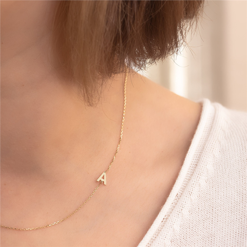 Goldstore-14k Solid Gold 2 3 4 5 Letter Necklace, 14k Solid Gold Sideways Initial Necklace, Choker Personalized Sideways Initial Letter Gold Necklace