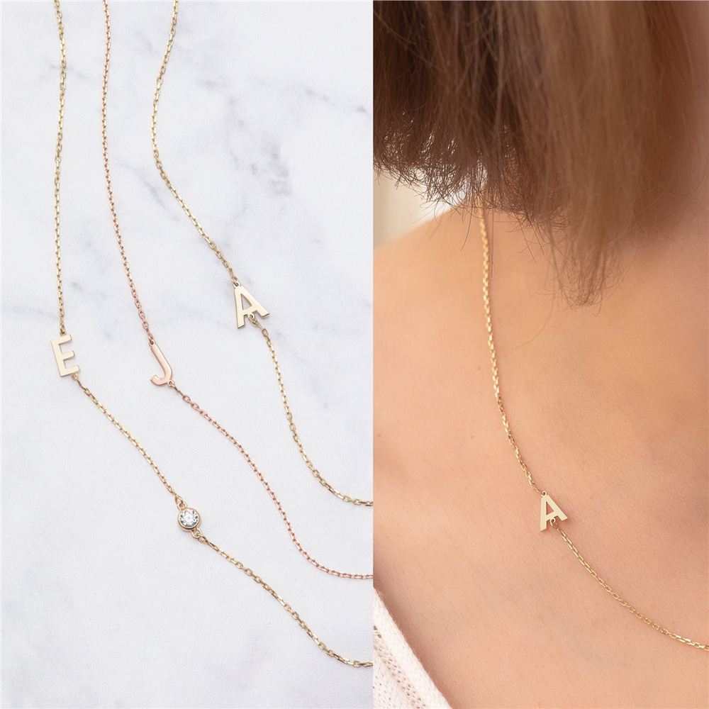 Goldstore-14k Solid Gold 2 3 4 5 Letter Necklace, 14k Solid Gold Sideways Initial Necklace, Choker Personalized Sideways Initial Letter Gold Necklace