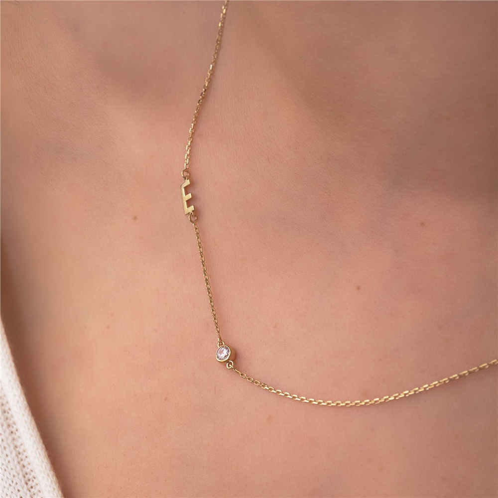Goldstore-14k Solid Gold 2 3 4 5 Letter Necklace, 14k Solid Gold Sideways Initial Necklace, Choker Personalized Sideways Initial Letter Gold Necklace