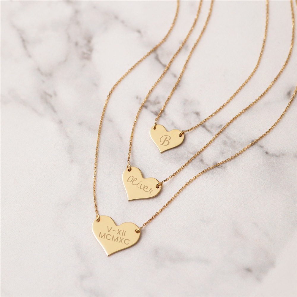 Goldstore-14K Solid Gold 2 Side Custom Engrave Heart Necklace, Personalized Minimal Heart Necklace, 14k Real Gold Engravable Heart Necklace Gift For