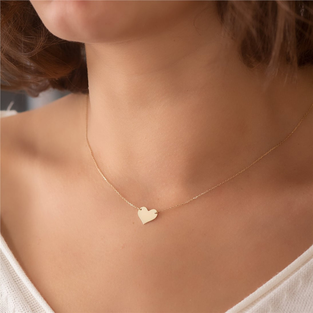 Goldstore-14K Solid Gold 2 Side Custom Engrave Heart Necklace, Personalized Minimal Heart Necklace, 14k Real Gold Engravable Heart Necklace Gift For