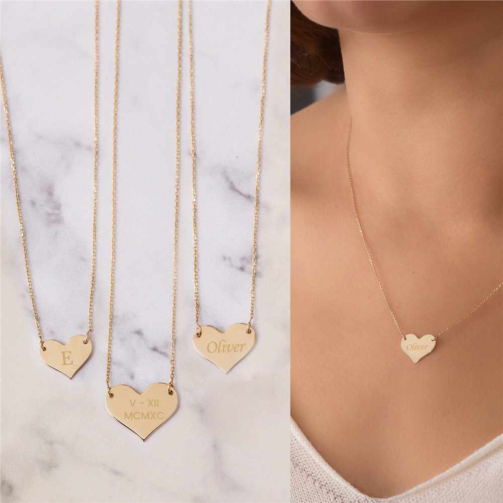Goldstore-14K Solid Gold 2 Side Custom Engrave Heart Necklace, Personalized Minimal Heart Necklace, 14k Real Gold Engravable Heart Necklace Gift For