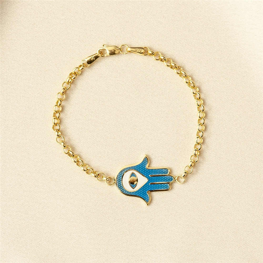 Goldstore-14K Solid Gold 2 Sided Hamsa Bracelet, Elegant Fatima Hand Rolo Chain Gold Bracelet, Gold Evil Eye Protection Bracelet Great Gift For Her.