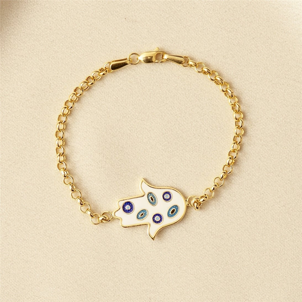Goldstore-14K Solid Gold 2 Sided Hamsa Bracelet, Elegant Fatima Hand Rolo Chain Gold Bracelet, Gold Evil Eye Protection Bracelet Great Gift For Her.