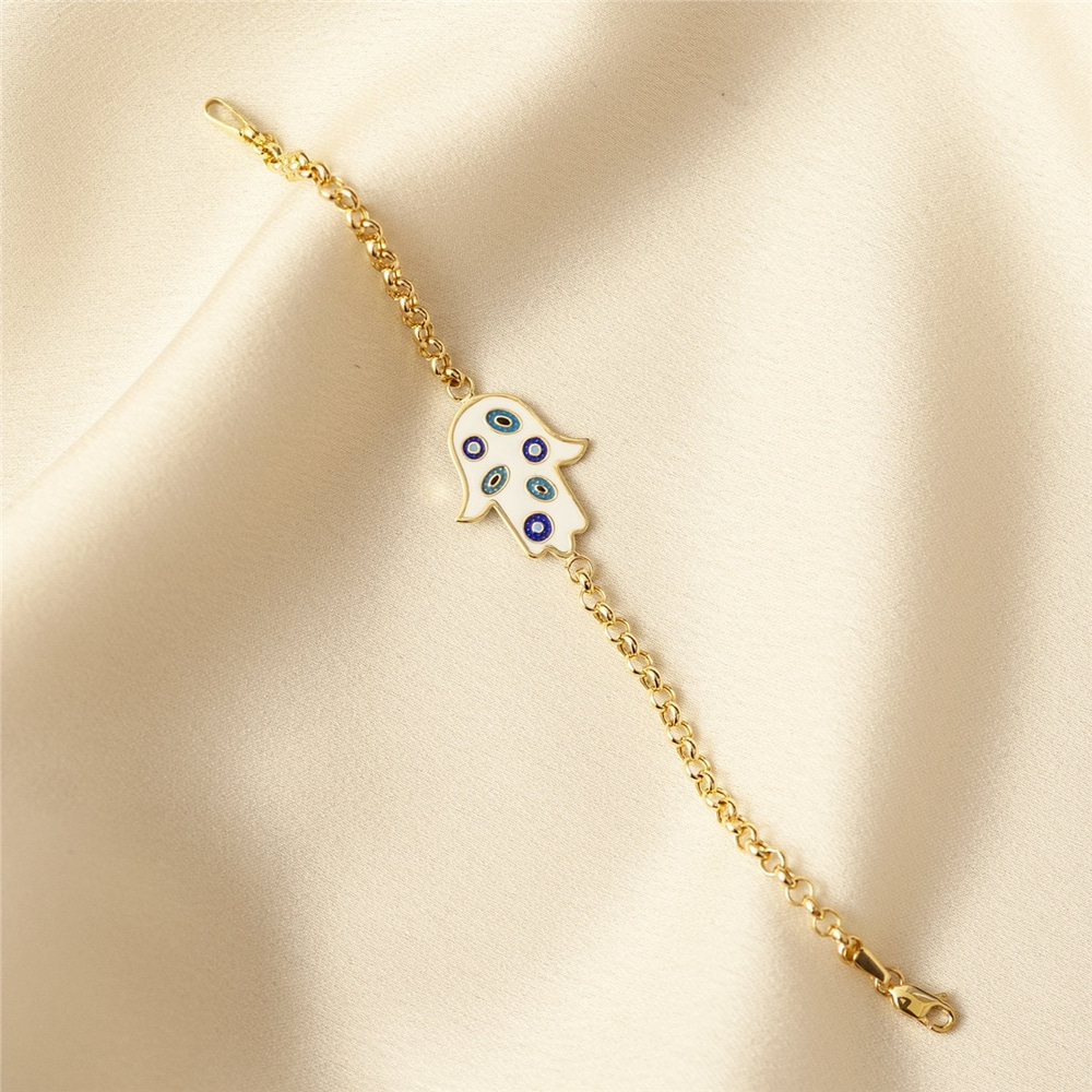 Goldstore-14K Solid Gold 2 Sided Hamsa Bracelet, Elegant Fatima Hand Rolo Chain Gold Bracelet, Gold Evil Eye Protection Bracelet Great Gift For Her.